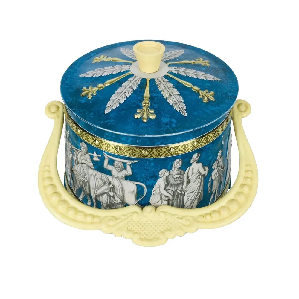 Vintage Greek Embossed Wedding Scene Footed Round Tin Sewing Trinket Box